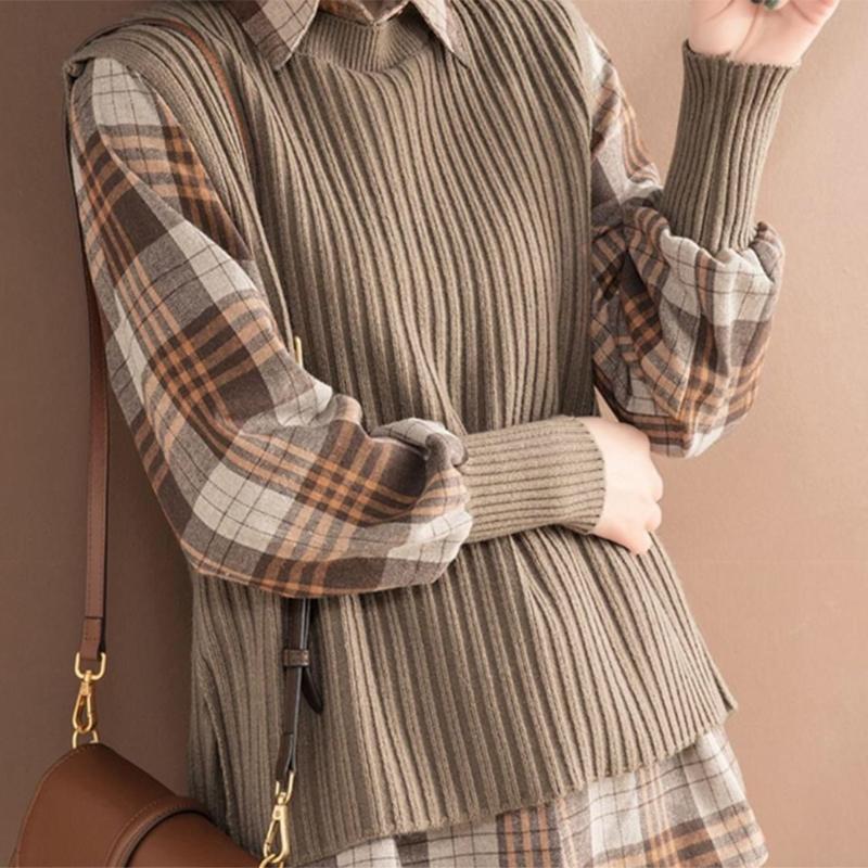 Клетчатая рубашка, вязаный жилет, комплект из двух предметов, женский весенне-осенний корейский вариант, тонкий