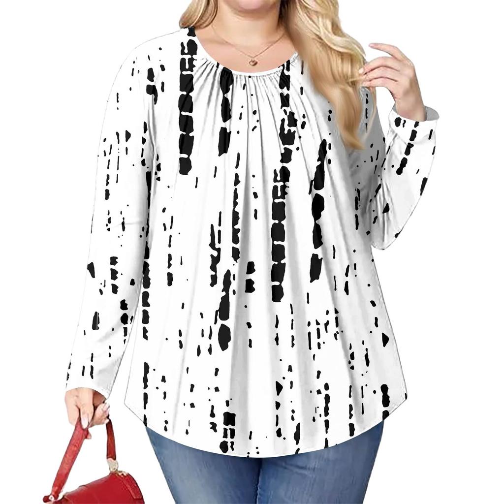 Women's Plus Size Fashion Printed Casual Pleated Round Neck Long Sleeve Top
