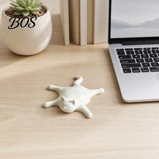 Healing Expression Cat Decor 3D Printed Melting Figurine, Lazy Flattened Sleeping Statue with Matte White Finish, Wide Ornament Stable Base, for Home