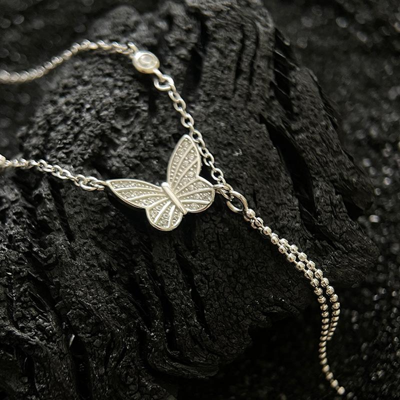 Pure Silver S925 Silver Round Bead Chain Bracelet, Super Fairy Pastoral Style, Sweet Temperament, Zircon Inlaid Butterfly Tassel Bracelet for Women