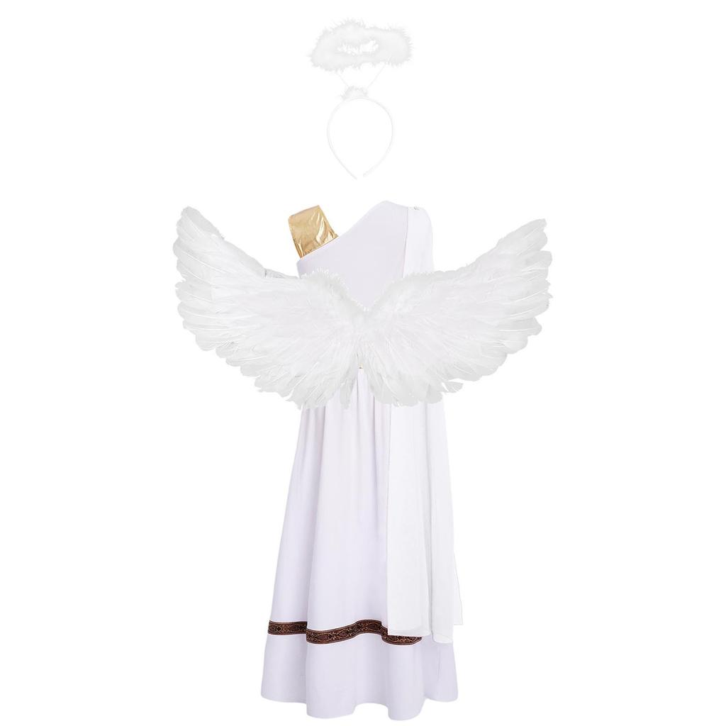 Girls 3 Pieces Greek God Roman Costume Outfit Metallic Gloss Patchwork Sleeveless Dress with Feather Angel Wings and Hair Hoop Cosplay Stage
