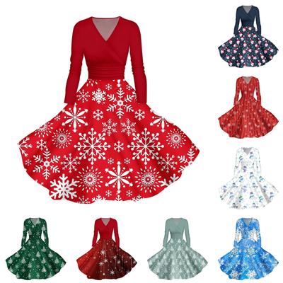 Женское повседневное и модное печатное сексуальное платье с длинными рукавами и V-образным вырезом, сексуальное рождественское платье