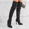 Comemore Плиссированные ботфорты до бедра Длинные Сексуальные Ботильоны с острым носком на молнии выше колена Женские ботинки Высокий каблук Однотонная обувь для женщин