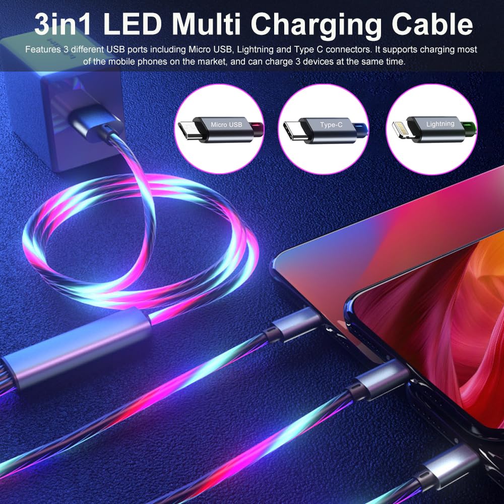 3-в-1 многофункциональный кабель для зарядки с цветной светодиодной подсветкой USB на Type-C/Micro USB/Lightning многофункциональный кабель для зарядки USB шнур для быстрой зарядки для телефонов iPhone и Samsung