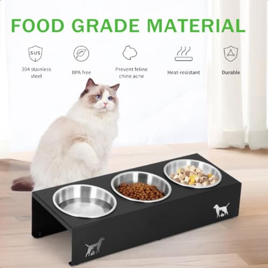 Обновленная приподнятая миска для кошачьего корма, подставка с наклоном 15°, противорвотная приподнятая миска для кошачьего корма, 3 миски из нержавеющей стали для кормления и питья, корм для домашних животных