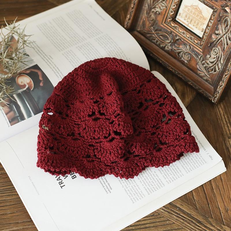 Elegant Hand Crochet Cotton Beret Knits Baotou Painter Ms Hat Brim WOMEN HOLLOW HAT