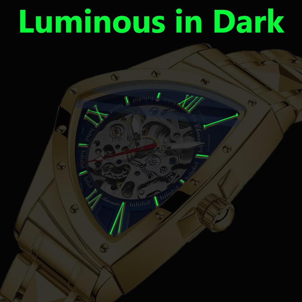 Автоматические мужские часы класса люкс из нержавеющей стали с треугольным циферблатом, механические наручные часы-скелетоны, водонепроницаемые, светящиеся часы