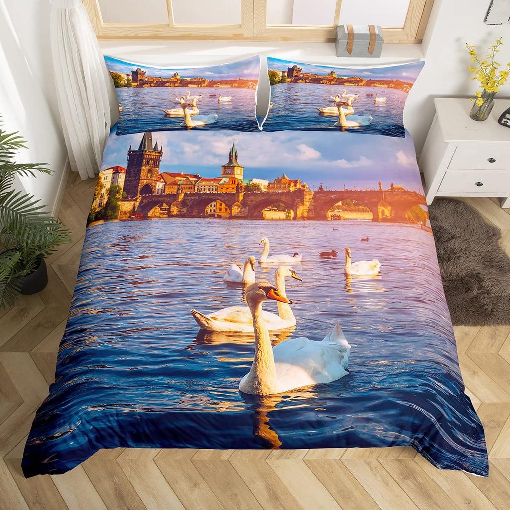 Romantic Swan Duvet Cover Set King Wild Animal Comforter Cover Butterfly Floral Bedding Set For Valentine's Day Wedding Decor
