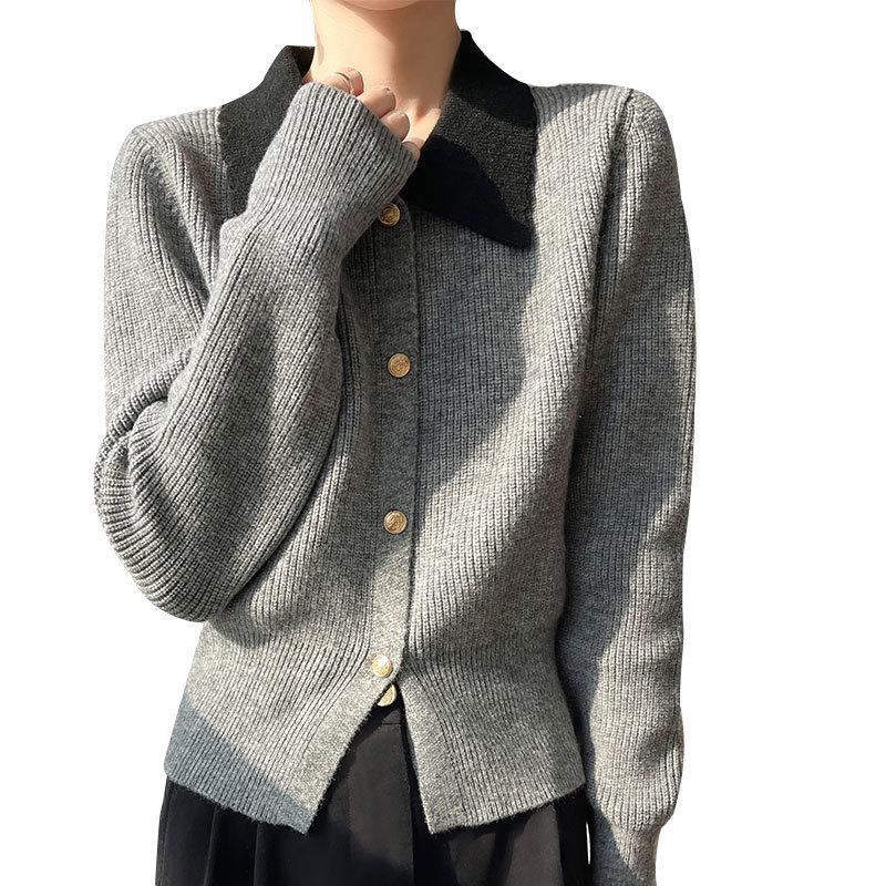 Polo Collar Chambray Sweater Cardigan Jacket Colour Blocking Doll Neck Knitwear Women's Tops