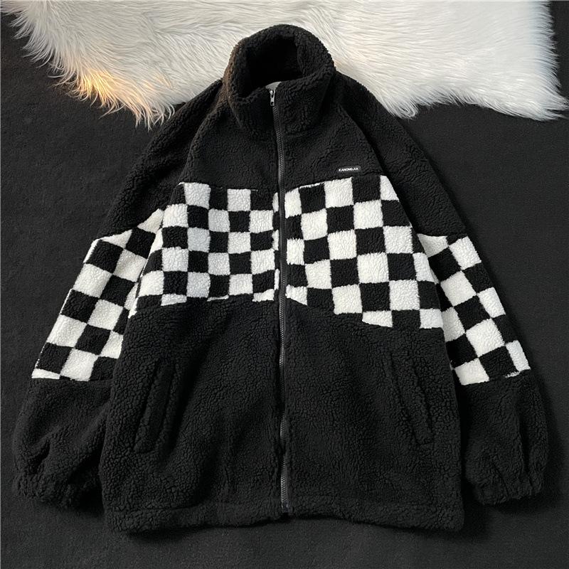Checkerboard Cotton Jacket Male Autumn Winter Lamb Wool Cotton Jacket Couple Loose Stand Collar Cotton Jacket