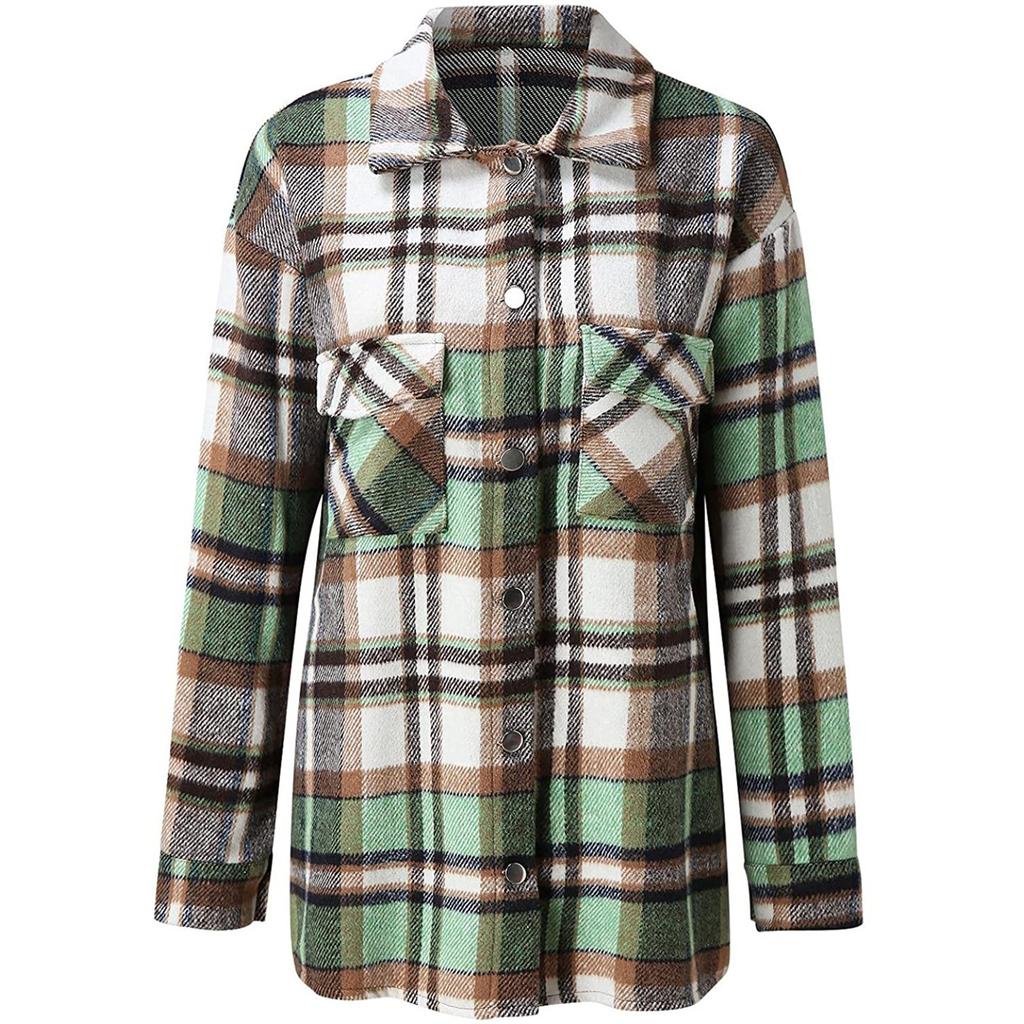 Женские клетчатые рубашки с начесом, фланелевая куртка с длинными рукавами и лацканами на пуговицах и карманами, фланелевая куртка, пальто