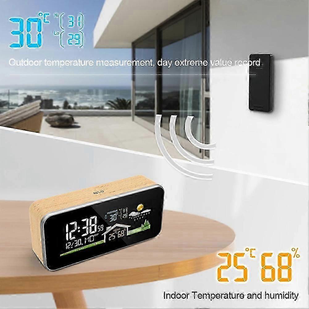 Wireless Weather Station Wooden Alarm Clock Digital Thermometer Humidity Temperature Wireless Sensor Home Desktop Watch