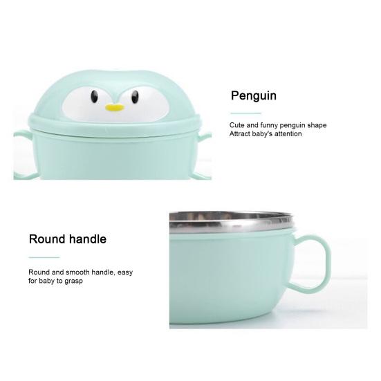 2 шт./компл. детская миска с нескользящим дном, термоизоляция, мультяшный пингвин, детская посуда для кормления, набор ложек для дома