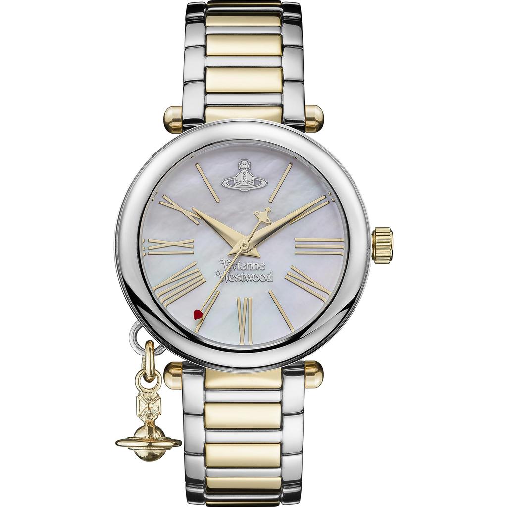 VIVIENNE WESTWOOD Mother Orb 32mm Quartz Analog Display Watch with MOP Dial Stainless Steel Women's & Two-Tone Bracelet, White, Traditional.