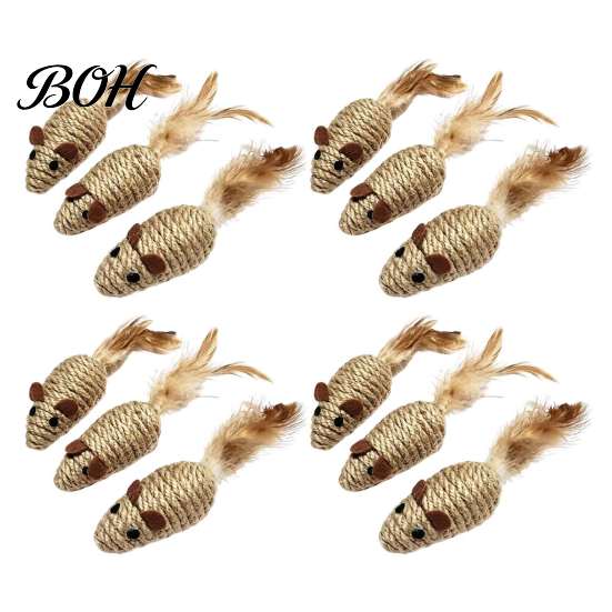 Natural Teething Toy for Kittens Sisal Mouse Cat Toys, Feather Mice Kitten Chew Dental Toys Rope Rat Teeth Cleaning, Indoor Cats Self Entertainment