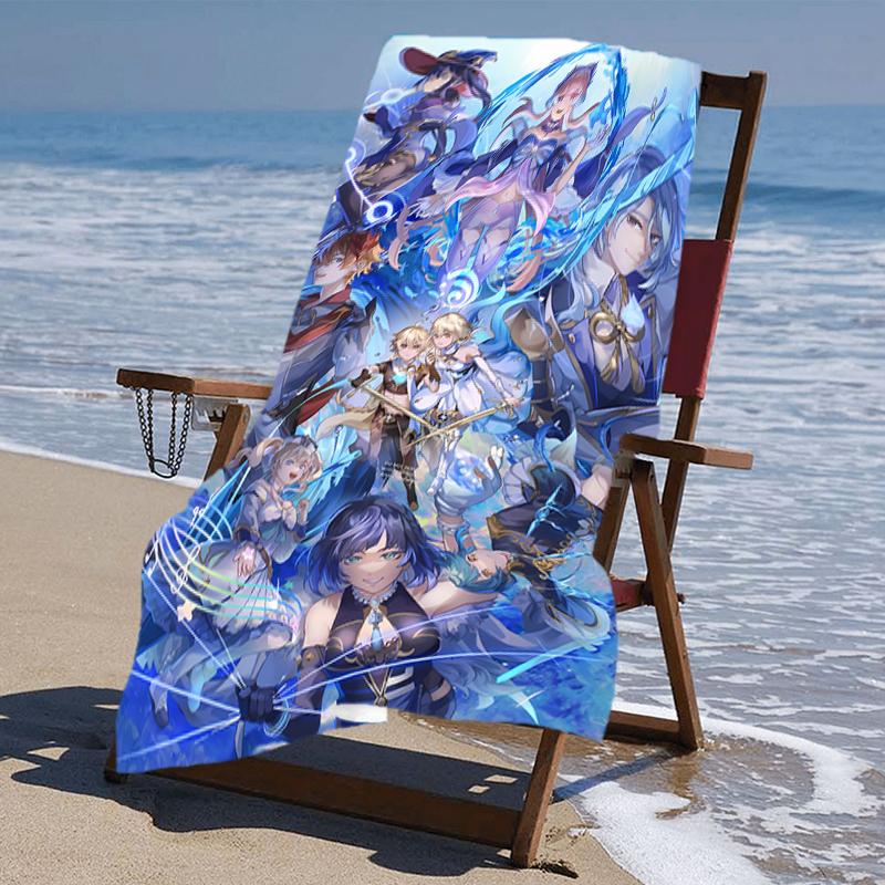 proof beach towel with a Genshin Impact characters pattern - soft,absorbent,quick-drying,machine washable - perfect for swimming,camping,bathing