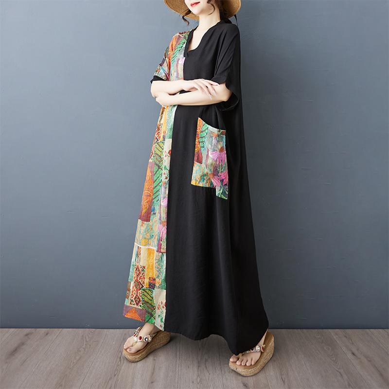 Dimanaf Женское летнее новое платье 2025 года больших размеров, повседневное платье с V-образным вырезом, свободное длинное платье с принтом, винтажное платье макси