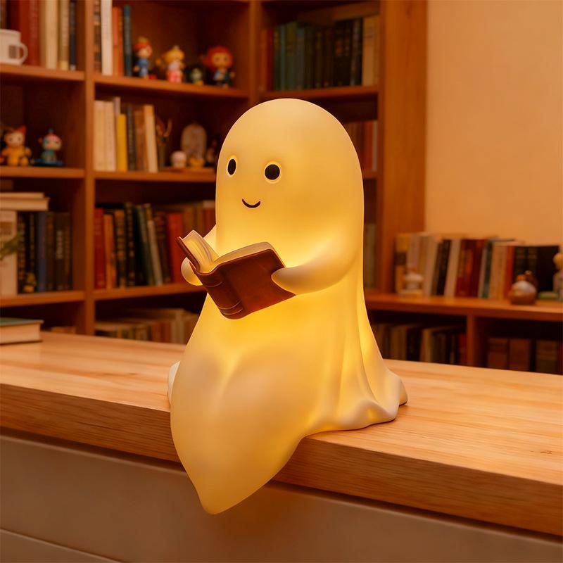 Cute Ghost Reading Book Lamp Halloween Night Light for Bedroom Study Room Spooky Decor Desk Ornament Glowing Ghost Figurine