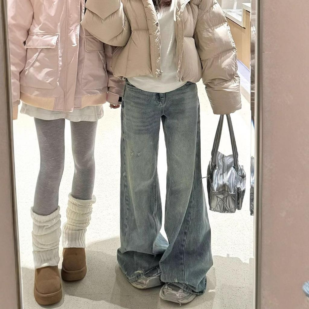 Фигура-груша Толстые ноги Широкая промежность Брюки Женские Рваные джинсы Свободные Большой размер Прямые Микро-клеш Широкие брюки Длинные джинсовые брюки