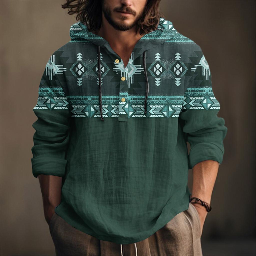 Мужская рубашка с принтом из хлопка и льна с капюшоном, с длинными рукавами, повседневная одежда для весны и лета