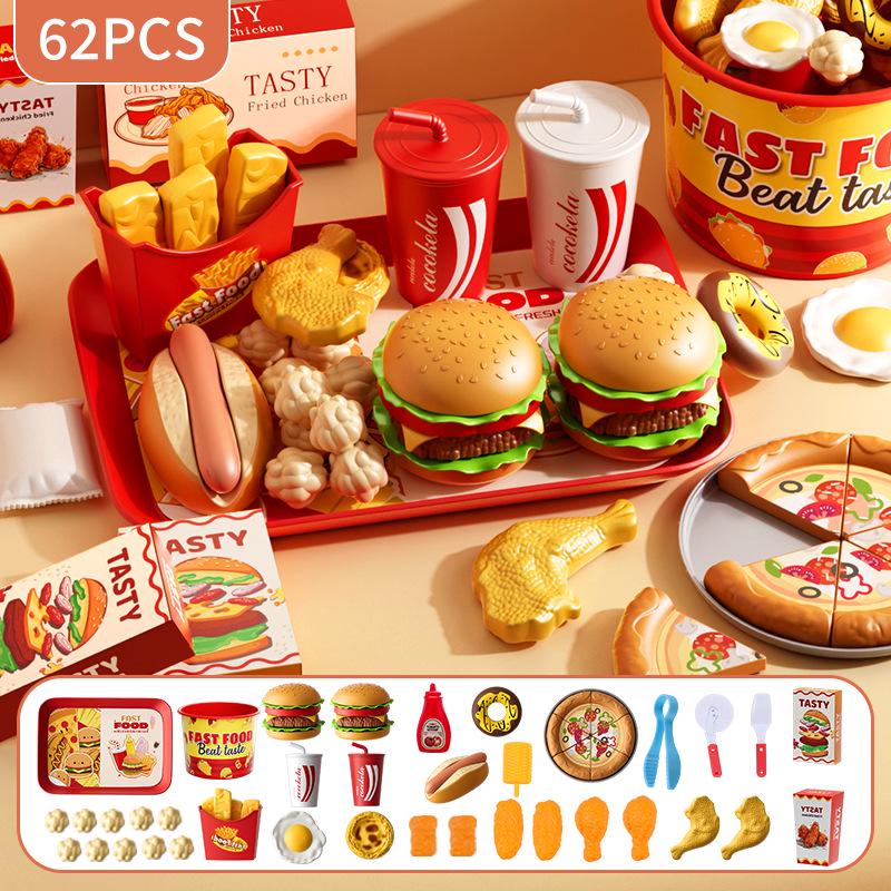 Kids' Pretend Kitchen Playset: Fast Food Pizza & Burger Meal with Fries, Egg Tart, and More
