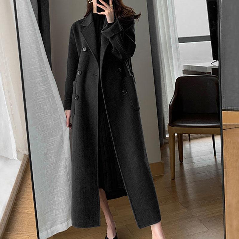 Women's Dark Blue Long Coat with Black Top, Elegant Outerwear for Casual and Office Wear