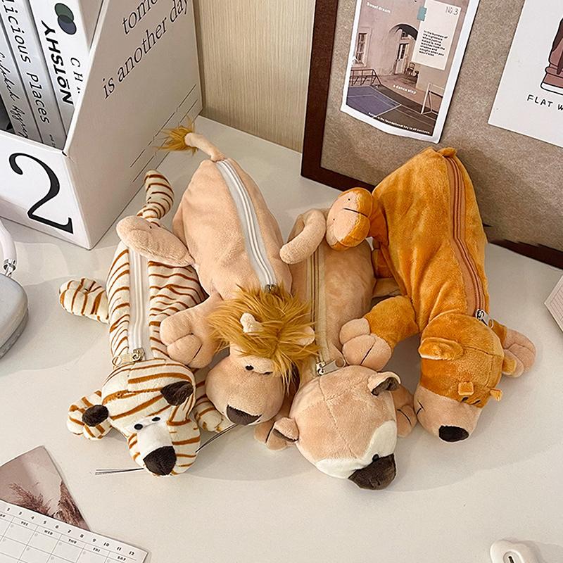 Мультяшный чехол для ручки в виде слона и льва, плюшевый чехол для детской школьной сумки, вместительная сумка для хранения канцелярских принадлежностей для подарка ребенку