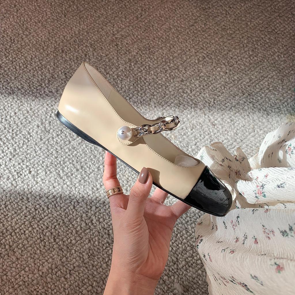 Grape mother same style round head color matching one-word buckle pearl chain French high-heeled Mary Jane single shoes women