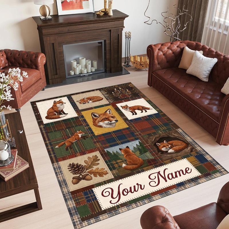 Fox Theme Crystal Velvet Floor Rug Personalized Custom Name Text Warm Carpet Home Decoration