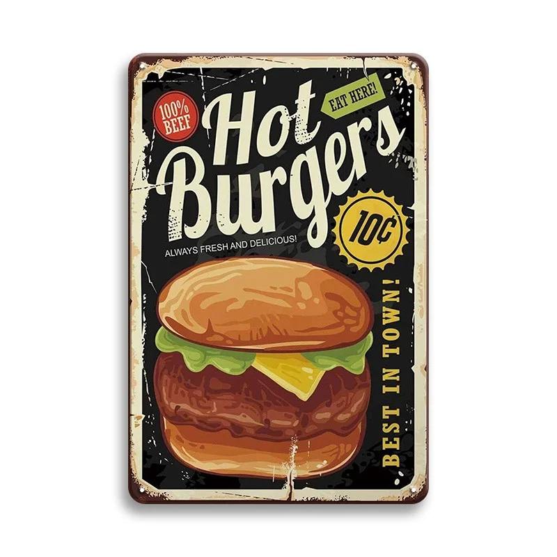 Hot Dog Fresh Hamburgers Metal Signs BBQ Vintage Posters Home Kitchen Wall Decor Iron Plate Painting Fast Food Shop Plaques