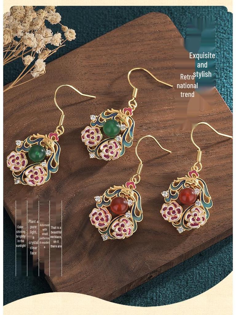 Серьги-пусеты из перегородчатой эмали Гуочао с халцедоном для женщин - Подвески в китайском стиле Цзинтайского синего цвета с влиянием ципао