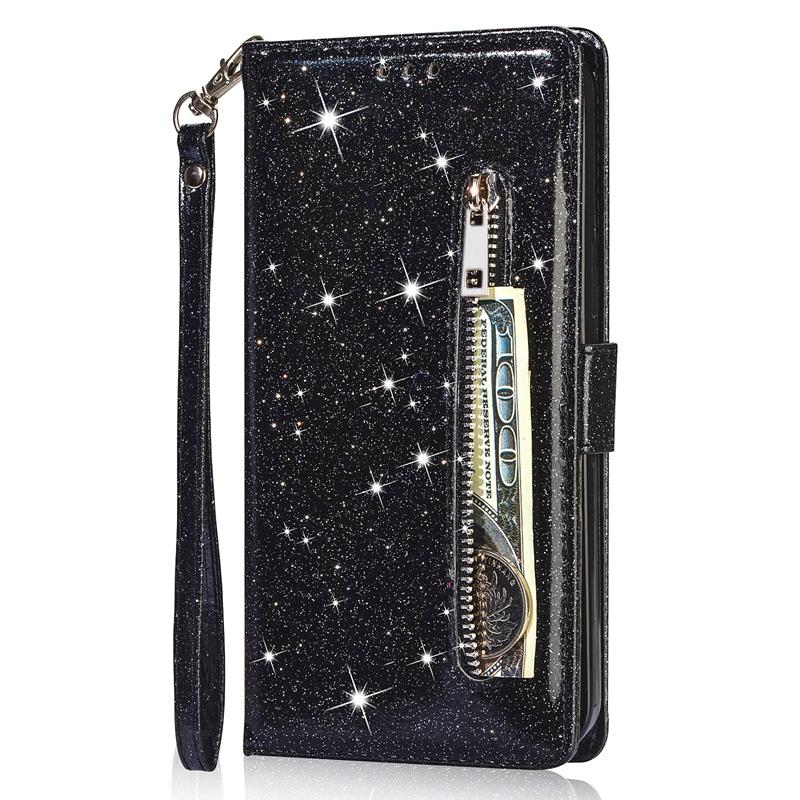 Exquisite Shinning Sequin Zipper Wallet Case for iPhone Samsung Xiaomi Huawei Google Cute Love Heart Photo Frame Flip Covers with Hand-strap