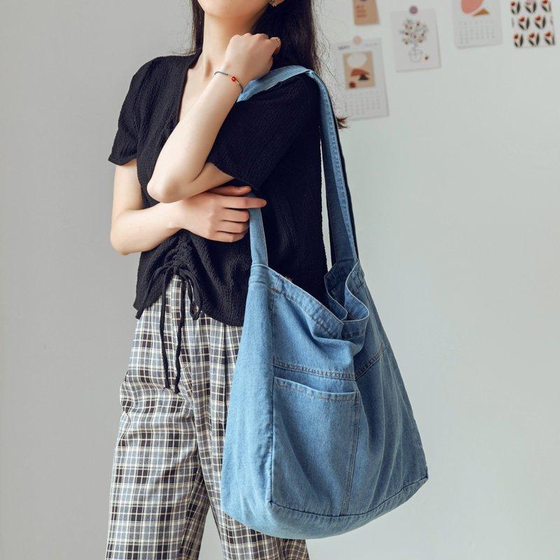 Сумка из мытой джинсовой сумки, большая вместительная сумка через плечо, студенческая большая сумка, женская простая сумка через плечо