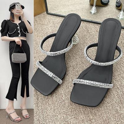 Large Size Silver Rhinestone Cool Slippers Women's 2025 Summer New Bright Diamond Word with Stiletto High Heels