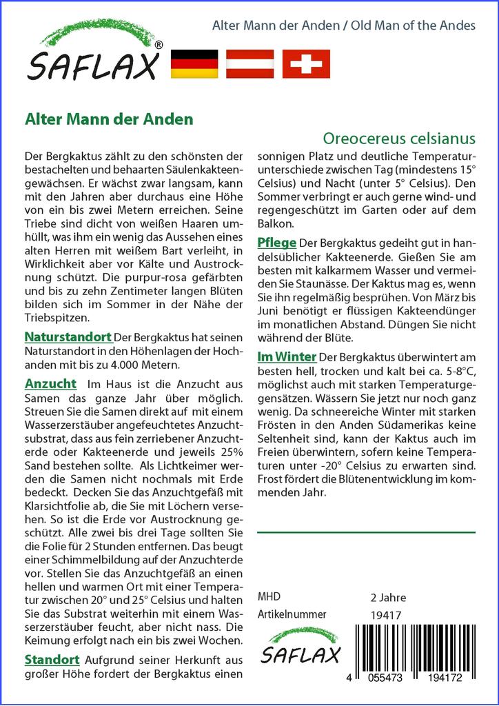 SAFLAX Garden in the Bag - Old Man of the Andes - 40 семян - С субстратом в подходящем пакете - Oreocereus celsianus