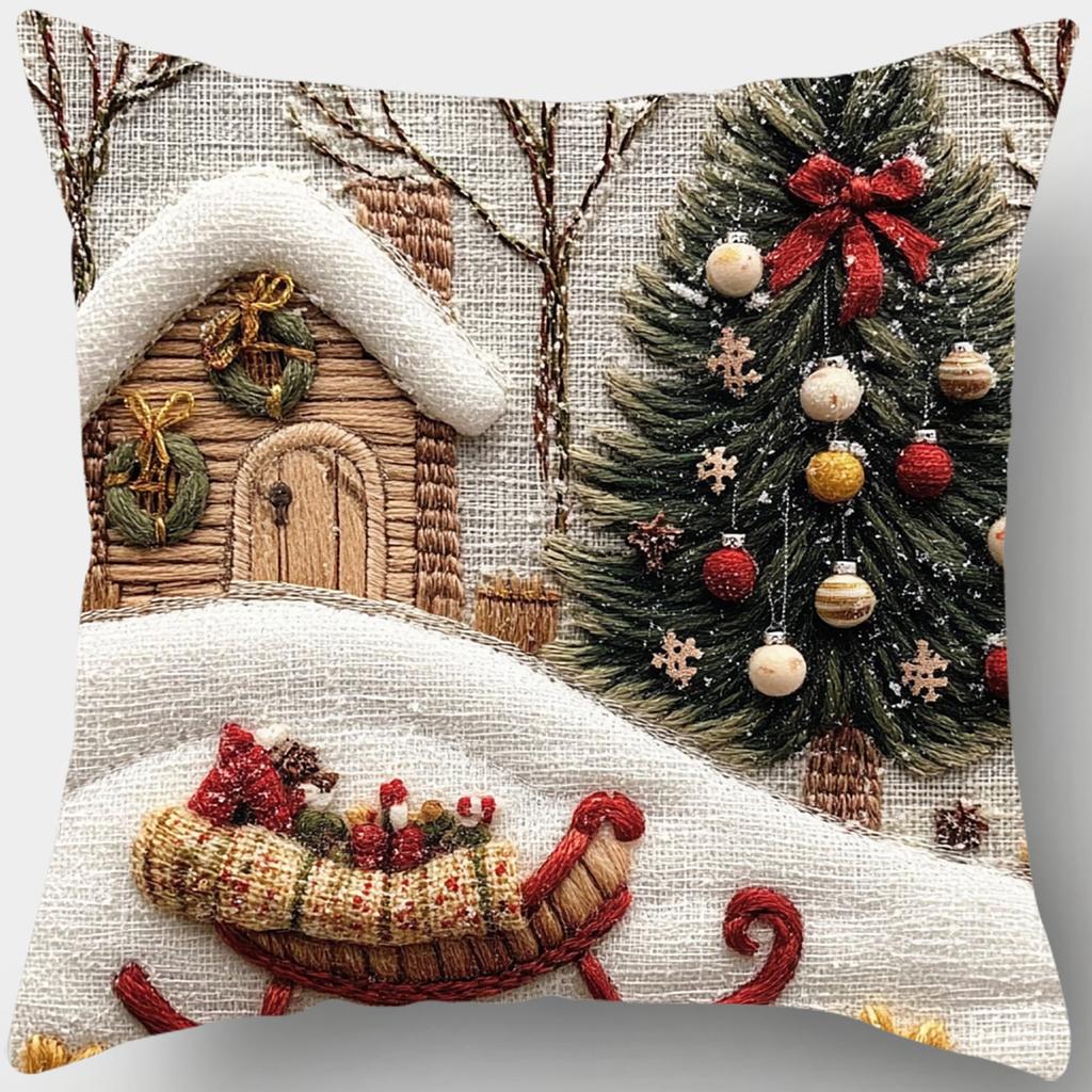 Рождественская наволочка, Милая мультяшная имитация вышивки, Льняная наволочка с принтом для диванной подушки, Праздничное украшение, Праздничный подарок (Вставка для подушки не входит в комплект)