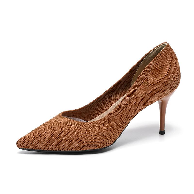Женские туфли большого размера на каблуках-шпильках с острым носком, повседневные, Flyknit, с мелким вырезом, однотонные, на высоком тонком каблуке, размеры 38-43