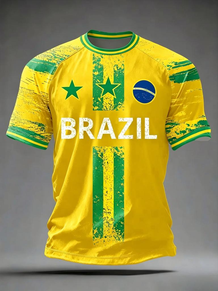 2026 Brazil Style Soccer Jersey Men's Quick Dry Breathable Football Training Top Slim Fit Short Sleeve O-Neck for Match Casual
