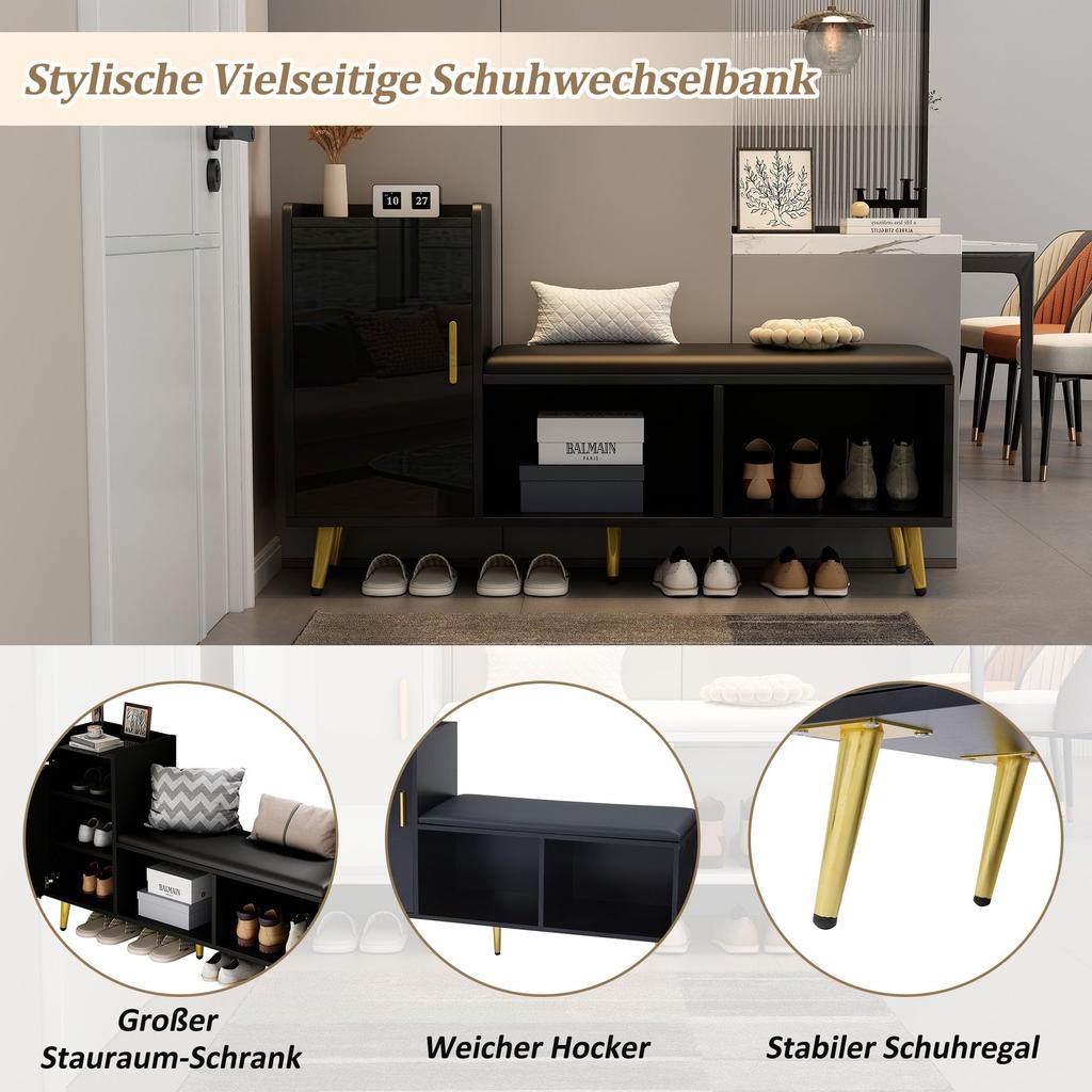 Schuhbank Schwarz Hochglanz Sitzbank Stauraum, gepolstert, 1 Schranktür, 2 offene Fächer, Schuhregal Flur, Eingang, Wohnzimmer, bis 100 kg