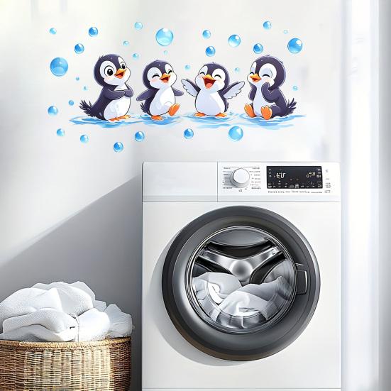 Penguin Wall Decals, Cute 4 Happy Penguins Bathing Decor, Self Adhesive Removable Wall Stickers for Bathroom, Kids Room & Shower Wall Art