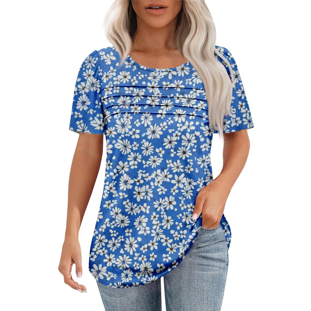 Женская модная рубашка с круглым вырезом и короткими рукавами в складку