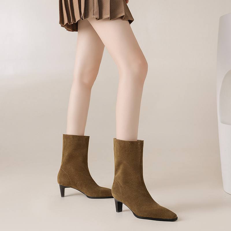 Krazing Pot Замша Нубук Осень Зима Обувь Толстый Высокий Каблук Большой Размер 43 Современные Сапоги Квадратный Носок Сохраняют Тепло Слипоны Сапоги до середины икры