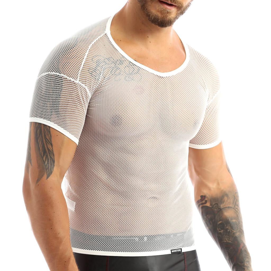 Mens Blouses Mesh Fishnet Short Sleeve Sheer Tank Top T-shirt Vest Tee