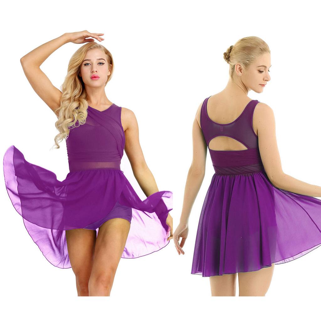 Женское платье-купальник без рукавов с вырезом, асимметричное, из шифона, эластичное, для балета, гимнастики, соревнований по танцам