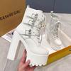Зимняя мода сексуальные платформы шнуровка ремень пряжка белые черные толстая подошва высокий каблук короткие сапоги женские вечерние танцевальные туфли