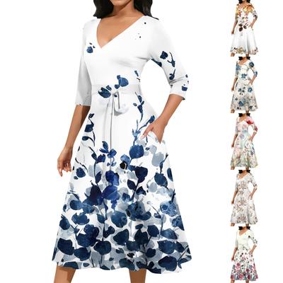 Женское повседневное модное платье миди с V-образным вырезом и рукавом три четверти