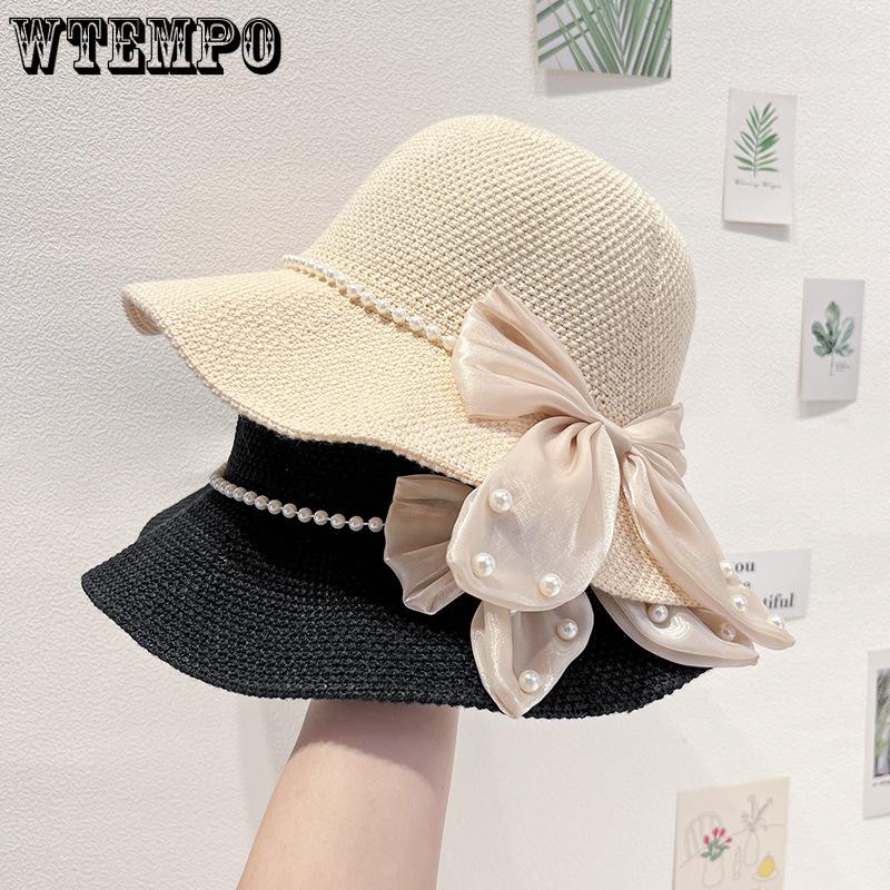 Women's Hat Summer Beach Tourism Vacation Pearl Bow Straw Hat Sunscreen Sun Hat Elegant Sunshade Hat