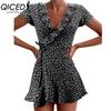 QICED Summer Women A-Line Floral Print Dress Cute Elegant V-Neck Floral Ruffle Short Dress for Lady Chic Flower Mini Dress