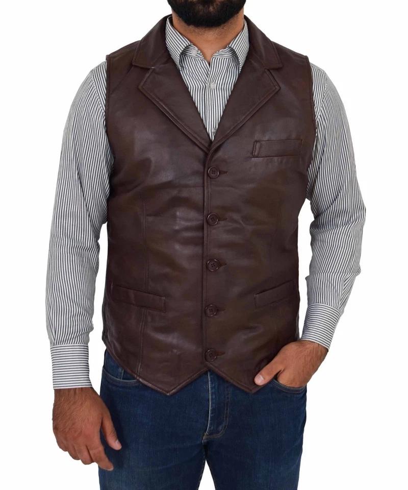 Lambskin Men's Vest Coat Handmade Leather Button Brown Western Button Soft