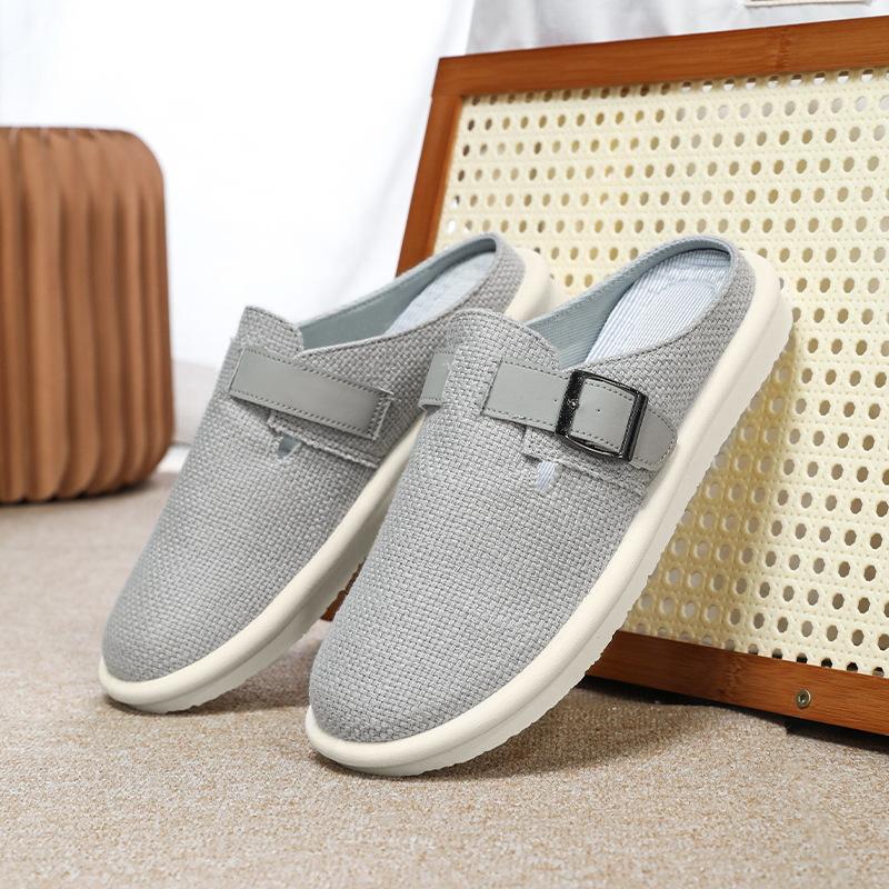 Мода 2025 Мужские льняные шлепанцы с закрытым носком Летние дышащие тапочки для дома и улицы Большого размера Комфортная повседневная офисная обувь для поездок